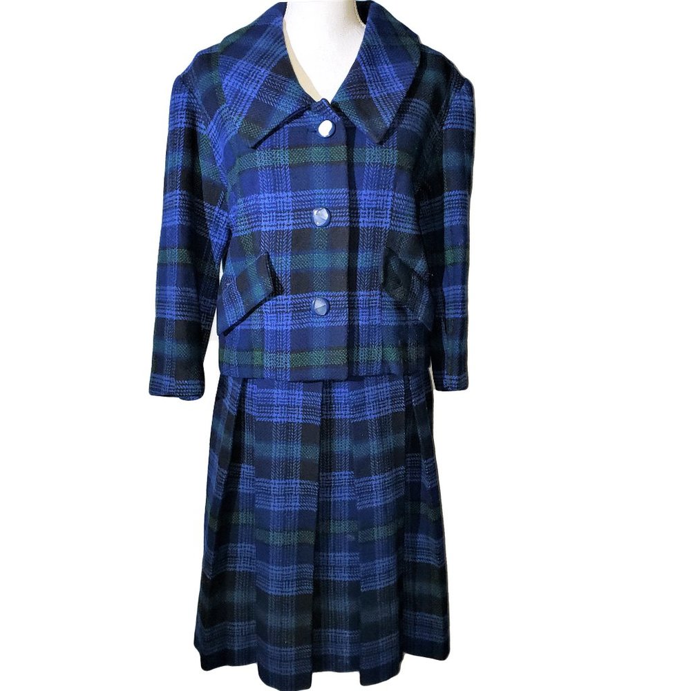 Vintage 70s Pendleton Blue Plaid Wool Pleated Skirt Jacket Set
